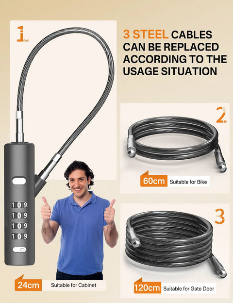 4 Digit Combination Cable Lock Set With 3 Replaceable Steel Cables For Gate Bike And Luggage Resettable Keyless Cable Lock In Grey Two Pack Easy No Hassle Security On The Go, showcasing 24cm, 60cm, and 120cm cables.