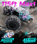 One Sixteenth Scale Glowing Spider Remote Control Car With LED Lights racing on rocky terrain, showcasing powerful motor and radio system.
