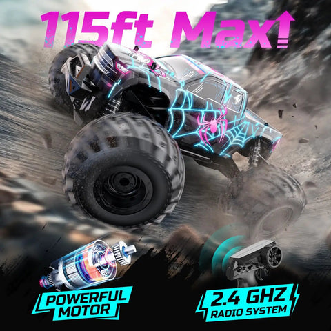 One Sixteenth Scale Glowing Spider Remote Control Car With LED Lights racing on rocky terrain, showcasing powerful motor and radio system.