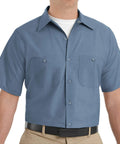 Mens Short Sleeve Work Shirt Regular Fit Polyester Cotton Blend Button Front Utility Top All Day Comfort Heavy Duty Job Site Ready Built Tough For The Daily Grind 4XL Large Postman Blue close-up showing utility pockets and short sleeves.