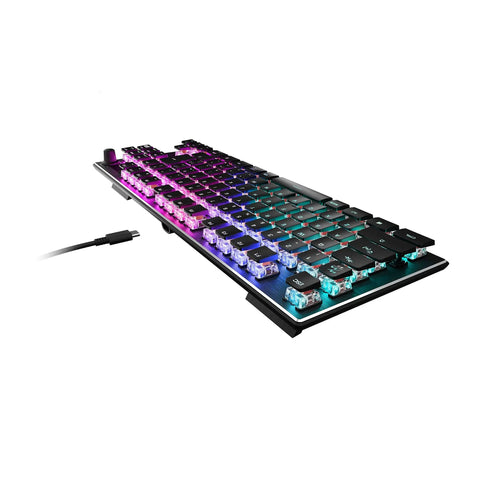 Top Tier Tenkeyless Mechanical Gaming Keyboard Featuring Silent Linear Switches And Dynamic Rgb Lighting Ultra Slim Profile view with colorful keys.