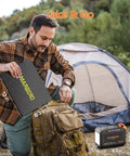 Man packing Portable Solar Generator 111Wh Power Station With 30W Solar Panel Included for Camping near tent