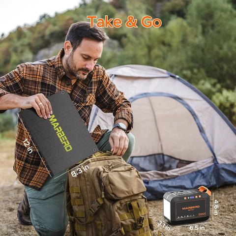 Man packing Portable Solar Generator 111Wh Power Station With 30W Solar Panel Included for Camping near tent