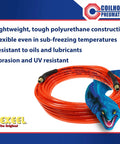 Flexeel Reinforced Polyurethane Air Hose 1/4-Inch ID, 100-Foot, Transparent Red coiled with strain relief fittings