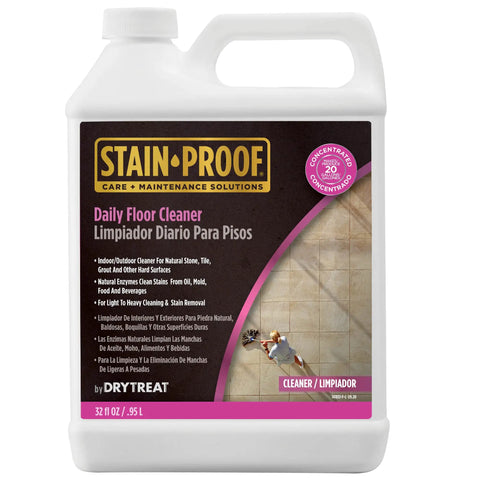 Stain Proof Daily Floor Cleaner Concentrate bottle with enzymatic formula label, ideal for grime busting on tile, marble, porcelain, ceramic floors.