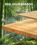 Adjustable Height Solid Bamboo Standing Desk 60 By 30 Inches with a close-up of real solid bamboo material comparison.