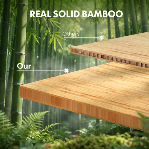 Adjustable Height Solid Bamboo Standing Desk 60 By 30 Inches with a close-up of real solid bamboo material comparison.