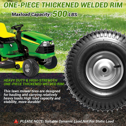 Close-up of a thickened welded rim tire for lawn mowers, next to a green riding mower. Maxload capacity 500 lbs.