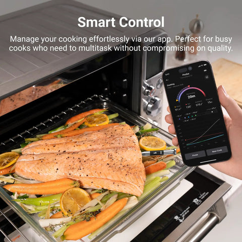 Person using Wireless Bluetooth Smart Meat Thermometer With Sub 1G Range 6 Sensors NIST Certified Accuracy Dual Probes WiFi Enabled