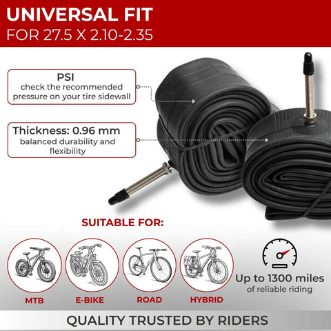 27.5 Inch Bike Inner Tubes Fit 2.1 To 2.35 Width With 48mm Presta Valve For MTB Road Hybrid Bikes Pack Of 2 displayed with valve