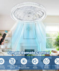 Compact 12 Inch Ceiling Fan With Led Light Remote Control Adjustable Socket Dimmable Bulb Four Chill Speeds Zero Noise small room with remote in use.