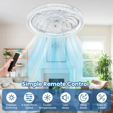 Compact 12 Inch Ceiling Fan With Led Light Remote Control Adjustable Socket Dimmable Bulb Four Chill Speeds Zero Noise small room with remote in use.