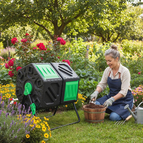 Dual Chamber Outdoor Compost Tumbler With Aeration Built Tough Heavy Duty Rotating Composter 2 Sliding Doors 34.5 Gallon Bin