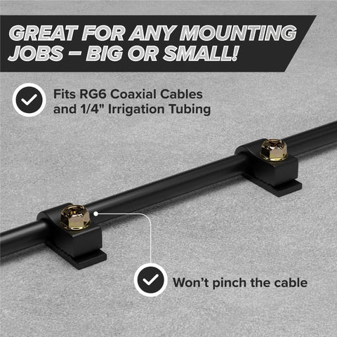 One Quarter Inch Coax Cable Clips With Screws Outdoor Exterior Cord Management For Coax Ethernet Cat5 6 And Electrical Wires 100 Pack Black Built To Last Durable Screw Clamps For No Fuss Quick Install And Clean Neat Wire Routing.