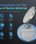 Precautions for Top Shelf CR2025 Lithium Button Cell Legit Long Lasting 3V Coin Batteries with safety icons.