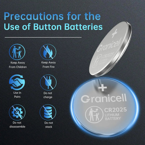 Precautions for Top Shelf CR2025 Lithium Button Cell Legit Long Lasting 3V Coin Batteries with safety icons.