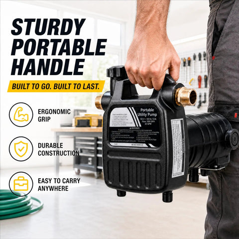 Heavy Duty Cast Iron Water Transfer Pump 115V 1/2HP 1500 GPH Portable Electric Utility Pump with sturdy handle for easy transport.