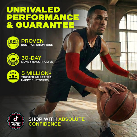 Basketball player wearing UV Shield Arm Sleeves For Men And Women, 10 Pair Cooling Compression, Tattoo Cover Up, Sun Protection.