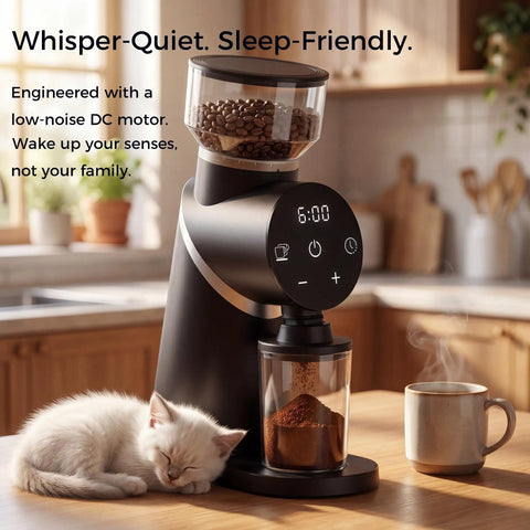 Talia Electric Coffee Grinder With 48Mm Titanium Plated Conical Burrs For Uniform Grinds on kitchen countertop