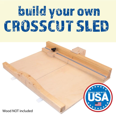DIY 19 Inch Crosscut Sled Kit For Table Saw With Undrilled UHMW Bars, featuring aluminum T-track and setup guide.