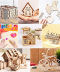 MITINU 55-pack basswood craft sheets, 12x12 in, 2 mm thick unfinished squares; collage of wooden craft models.