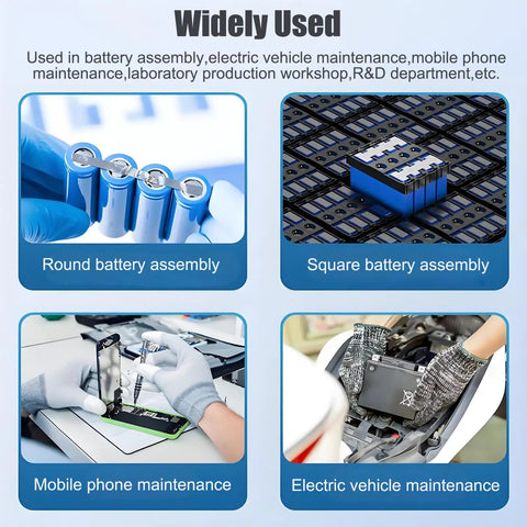 Image showcasing the Beast Battery Spot Welder With Foot Pedal And Auto Modes in various uses: battery, phone, vehicle maintenance.