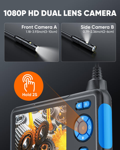 Close-up of 1080P HD dual lens Endoscope Camera with Light for Tight Spots, displays gears on 4.3 Inch HD IPS screen