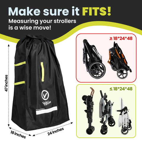 Extra Large Stroller Travel Bag With Padded Backpack Straps For Air Travel, black bag showing dimensions, with folded strollers.