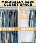 Heavy Duty Black Plastic Hangers Pack Of 50 With Rounded Shoulders That Prevent Bumps, Space Saving Hangers For Coats, Sweaters, Jackets And Pants, Rose Gold Hooks, Built In Accessory Bar For Ties And Scarves, Patent Design demonstrating space saving before and after in a closet.