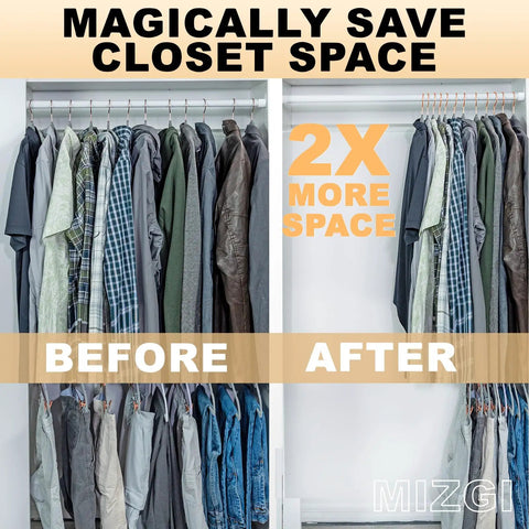 Heavy Duty Black Plastic Hangers Pack Of 50 With Rounded Shoulders That Prevent Bumps, Space Saving Hangers For Coats, Sweaters, Jackets And Pants, Rose Gold Hooks, Built In Accessory Bar For Ties And Scarves, Patent Design demonstrating space saving before and after in a closet.