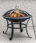 22 Inch Outdoor Fire Pit With Mesh Lid And Log Grate For Backyard Deck Camping And Picnics Durable Steel Construction Heat Resistant And Easy To Carry Portable Fire Pit For Warm Evenings, showing flames under mesh lid