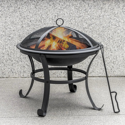 22 Inch Outdoor Fire Pit With Mesh Lid And Log Grate For Backyard Deck Camping And Picnics Durable Steel Construction Heat Resistant And Easy To Carry Portable Fire Pit For Warm Evenings, showing flames under mesh lid