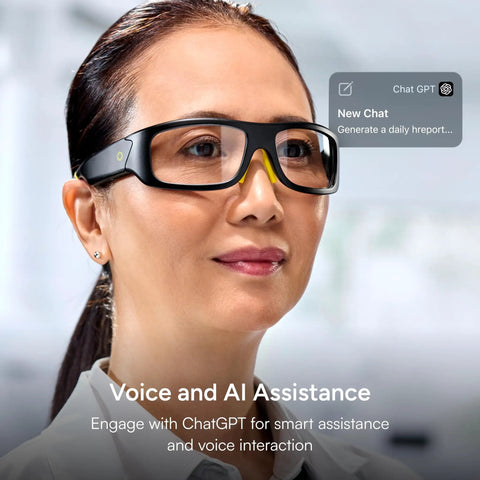 Person wearing Armor Smart Safety Glasses for Men and Women With TR90 Frame, Bluetooth Hands-Free Calling, Light Adaptive Lenses