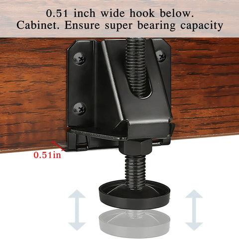 Close-up of Heavy Duty Adjustable Leveling Feet 4 Pack Black Furniture Levelers With Hex Key Adjustment installed under cabinet.