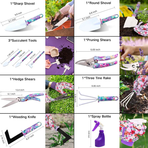 Ten Piece All In One Garden Tool Kit With Floral Print And Ergonomic Handles Including Trowel Rake Weeder Pruner Shears Sprayer And Hedge Shears In A Hard Shell Carrying Case Awesome Gift For Women And Dads laid out in parts