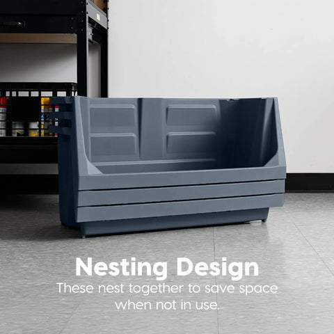 Heavy Duty Open Front Storage Bins For Garage And Home Organization, Jumbo Stackable Bins With Large Handles, Rust Resistant Plastic