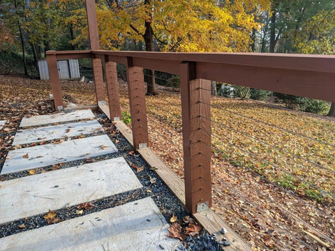 Wood railing with outdoor view, suitable for M5 Turnbuckle Kit For One Eighth Inch Cable Railing And Wood Posts installation.