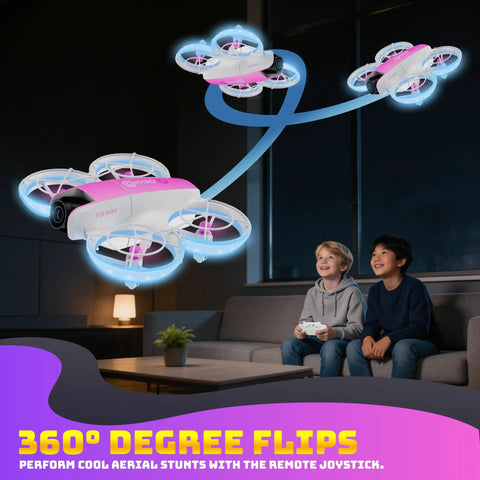 Two children playing with Compact Mini Drone With Built In Two Point Four Inch Screen Remote No App Needed 720P Dual Camera indoors