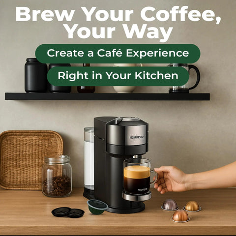 Person using Nespresso machine with Reusable Coffee Capsule Lids For Nespresso Vertuo Refilling Pods For All VertuoLine Machines Budget Friendly