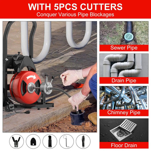Knock Out Stubborn Pipe Clogs For Good With This Heavy Duty 75 Foot Electric Drain Snake featuring five rotating cutters in use.