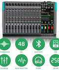 Front view of 12 Channel Digital USB Bluetooth Audio Mixer With MP3 Player, 48V Phantom Power, Built In Reverb, 256 Effects highlighted icons