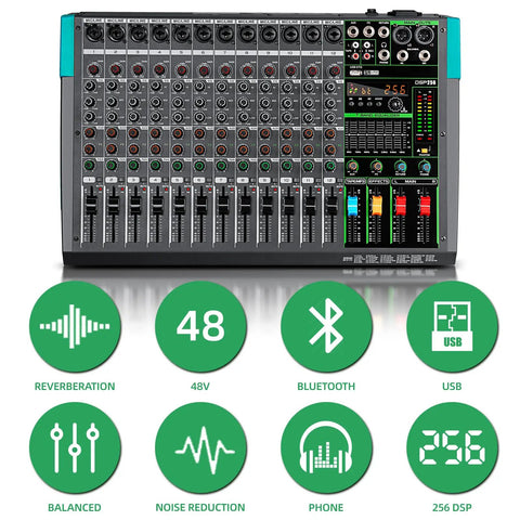 Front view of 12 Channel Digital USB Bluetooth Audio Mixer With MP3 Player, 48V Phantom Power, Built In Reverb, 256 Effects highlighted icons