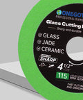 Close-up of green 4.5 Inch Diamond Cutting Disc For Angle Grinder Glass Ceramic Jade Crystal And Wine Bottles 3 Pack Pro Grade.
