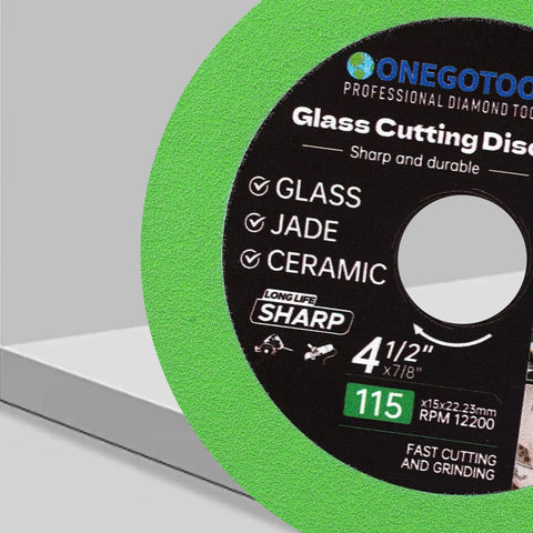 Close-up of green 4.5 Inch Diamond Cutting Disc For Angle Grinder Glass Ceramic Jade Crystal And Wine Bottles 3 Pack Pro Grade.
