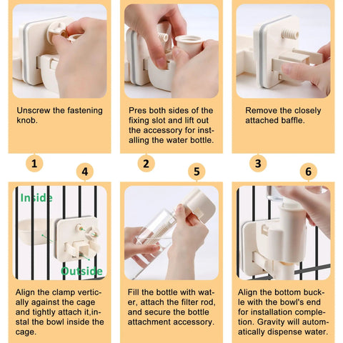 Steps to install the Hanging Gravity Water Dispenser For Small Pets Automatic Cage Hydration Bowl for rabbits and guinea pigs.