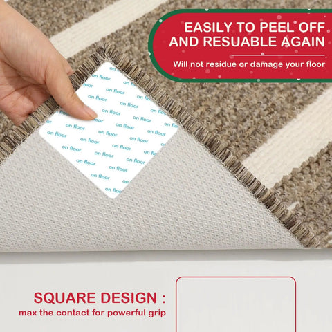 12 Piece Rug Pad Gripper Set For Hardwood Floors With Non Slip Pads showing corner lifting to reveal reusable carpet tape anchor
