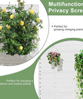 Metal Outdoor Privacy Screen 72 Inch High 47 Inch Wide Freestanding Fence with flowers and planters hanging on white panels.