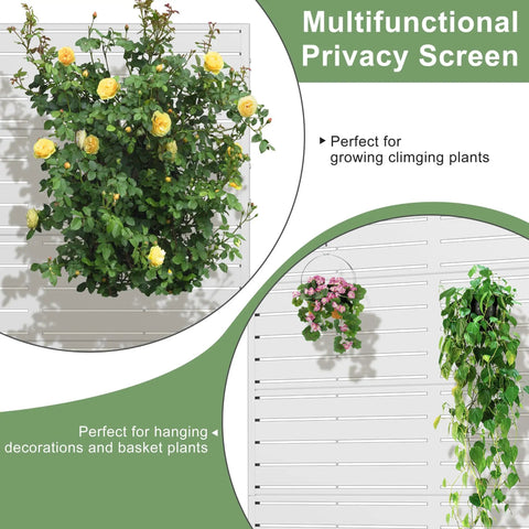 Metal Outdoor Privacy Screen 72 Inch High 47 Inch Wide Freestanding Fence with flowers and planters hanging on white panels.