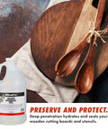 Food Grade Mineral Oil For Cutting Boards And Butcher Blocks Knives Tools And Equipment Stainless Steel Surfaces And Machinery Safe Usa Made Lubricant For Protection And Slick Operation 1 Gallon beside cutting board and utensils