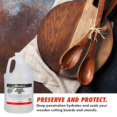 Food Grade Mineral Oil For Cutting Boards And Butcher Blocks Knives Tools And Equipment Stainless Steel Surfaces And Machinery Safe Usa Made Lubricant For Protection And Slick Operation 1 Gallon beside cutting board and utensils